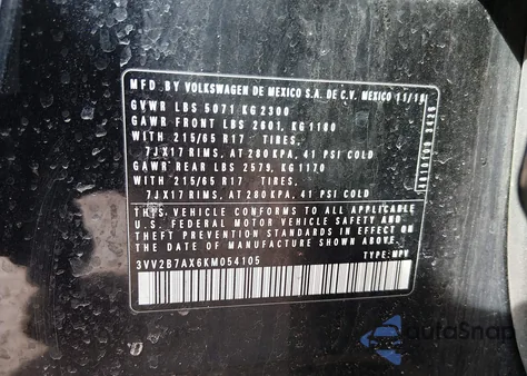 2019 Volkswagen Tiguan 2.0T Se/2.0T Sel/2.0T Sel R-Line/2.0T Sel R-Line Black z USA, uszkodzony, nr VIN 3VV2B7AX6KM054105